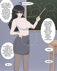 ahoge belly_expansion big_breasts black_hair blackboard breast_expansion comic english_text expansion hitama pregnant pregnant_belly pregnant_female teacher teaching teaching_a_lesson text thigh_expansion