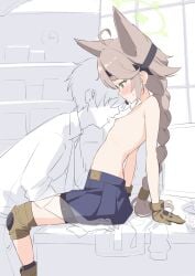1boy ahoge animal_ears bike_shorts blue_archive blush brown_gloves brown_hair collared_shirt desk female flat_chest fox_ears fox_girl gloves green_eyes green_halo halo headset highres knee_pads long_braid miso_(misomiso_154) necktie nipples otogi_(blue_archive) pleated_skirt sensei_(blue_archive) shirt skirt topless_female