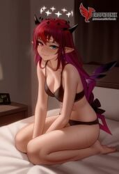 1girls 2d ai_generated ass barefeet big_ass bra breasts erophoenix feet female female_focus full_body heterochromia hololive hololive_english hololive_english_-promise- horns irys irys_(hololive) looking_at_viewer medium_breasts panties patreon_username pointy_ears red_hair short_hair solo solo_female sweat thick thick_thighs toes uncensored underwear virtual_youtuber vtuber