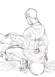 2d baakse boots clothed doctor_sex domination glasses gloves helmet human human_male human_only male male_only medic medic_(team_fortress_2) monochrome sitting_on_face sketch soldier soldier_(team_fortress_2) team_fortress_2 whip yaoi