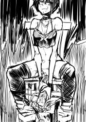 1girls biku black_hair black_thighhighs bra bra_peek cleavage female greyscale necklace original panties panty_pull peeing peeing_in_bottle peeing_into_container pussy short_hair shorts shorts_pull strap_slip thighhighs zoe_(biku)
