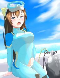 1girls 2020 2020s air_tank alternate_version_at_source alternate_version_available big_breasts blue_bodysuit blue_clothing blue_eyes blue_rubber bodysuit breasts brown_eyebrows brown_hair clothing cord day diagonal_angle diving_gear diving_mask diving_mask_on_head diving_suit english_text eyebrows female female_focus female_masturbation female_only hi_res human human_only japanese_text jpeg katakana looking_at_viewer looking_pleasured love_live! love_live!_nijigasaki_high_school_idol_club masturbation masturbation_through_clothes masturbation_through_clothing open_eyes open_mouth othiwo ousaka_shizuku outdoors oxygen_tank page_2 rubber rubber_clothing rubber_suit rubbing rubbing_pussy scuba_gear scuba_mask scuba_suit scuba_tank sitting skeb_commission solo text through_clothes tight_clothing translated water wet wet_hair wetsuit wire