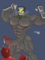 2_horns 2boys ^_^ abs alternate_body_type armor armored_male balls bara bara_tits big_balls big_pecs big_pectorals big_penis blush cock_shock deneb_(kamen_rider) erect_nipples erect_penis erection flexing flexing_both_biceps gauntlets green_eyes grey_skin heavy_breathing hood hyper_cock hyper_penis imagin kamen_rider kamen_rider_den-o_(series) large_balls large_pecs large_pectorals large_penis male male_focus male_only momotaros muscles muscular muscular_male nipples nude nude_male oni oni_horns pecs pecs_bigger_than_head pectorals penis precum precum_drip presenting red_armor ripped sharkfurryman shocked sweat sweatdrop tremble_lines yaoi yellow_lines