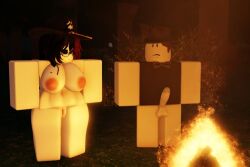1boy 1girls 3d 3d_(artwork) barefoot campfire casual casual_nudity clothed_male_nude_female completely_nude eyewear female full_body glasses hat headwear looking_at_penis male naked naked_female nude nude_female penis roblox robloxian toxicrr34