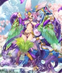 2girls absurdres animal_ears bird_ears bird_legs bird_tail blue_hair blue_pupils blush breasts carol_(clover_theater) clothes_lift clover_theater colored_skin commentary_request consensual_tentacles feathers female green_feathers green_wings hair_ornament harpy headdress highres imola_(clover_theater) jewelry large_breasts long_hair monster_girl multiple_girls navel pelvic_curtain pelvic_curtain_lift pink_hair purple_eyes purple_skin red_eyes scylla slime_(substance) small_breasts tail talons tentacle veil_lift water winged_arms wings xiaomu314 yuri