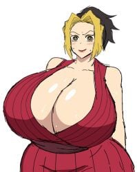 1girls 2d 2d_(artwork) 2d_artwork arms_crossed arms_crossed_under_breasts arms_under_breasts big_breasts black_and_blonde_hair breasts breasts_bigger_than_head demon_slayer female female_focus female_only hazel_eyes human japanese japanese_clothes japanese_female kimetsu_no_yaiba large_breasts lips makio_(kimetsu_no_yaiba) momiji_(artist) mommy_milkers red_clothing short_hair short_hair_female solo solo_female solo_focus two_tone_hair white_background wife