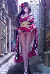 akano_murasaki blue_eyes blush breasts brown_hair cleavage exhibitionism female flower furisode hair_flower hair_ornament highres japanese_clothes kanzashi kimono lifted_by_self long_hair looking_at_viewer new_year no_panties original outdoors pubic_hair smile snow solo tabi uncensored zouri