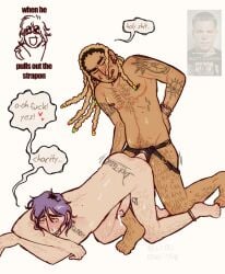 anal cuntboy cuntboy/male doggy_style intersex mastectomy_scar ocs original_characters speech_bubble strap-on top_surgery_scars trans_man