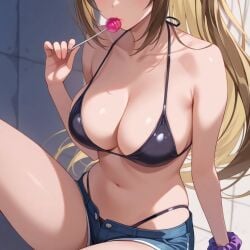 2025 ai_generated belly bikini_under_shorts black_bikini blonde_hair_female female hand_on_lollipop holding_lollipop instagram long_hair_female meta pink_lollipop purple_handwear red_cheeks short_jeans sitting sucking_lollipop ten01c tummy unknown_character