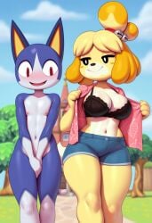 1boy 1girls ai_generated animal_crossing clothed_female_nude_male covering covering_self exhibitionism female isabelle_(animal_crossing) lingerie male nintendo nude public public_nudity rover_(animal_crossing) streaking undressing video_games