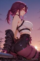 2025 ai_generated ass bangs bare_shoulders black_jacket black_shorts breasts choker crop_top earrings eyewear_on_head female female female_focus fingerless_gloves gloves honkai:_star_rail honkai_(series) hoyoverse jacket jewelry kafka_(honkai:_star_rail) large_breasts long_hair looking_at_viewer looking_back mihoyo mole mole_under_eye nsfw off_shoulder outdoors pantyhose ponytail purple_eyes purple_hair rognezart shirt short_shorts shorts sidelocks sitting sky smile solo sunglasses sunset thigh_strap thighs