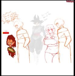 angry annoyed_expression big_breasts bravery_soul_(undertale) breasts chara chubby_female crying curly_hair dragon_ball female goku_black im_not_calling_you_a_good_boy innocent meme original_character pixel_art sad silly sketch thick_thighs undertale wide_hips zeezuu