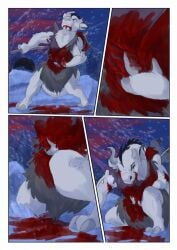2025 anthro arrow_(weapon) aurochs axe biped bjekkergauken blood bodily_fluids bovid bovine clenched_teeth closed_eyes clothed clothing colored comic female fur gore hi_res mammal melee_weapon outside pained_expression ranged_weapon recently_extinct_species snow snowing solo sword tail teeth the_weapon_thief weapon white_body white_fur white_tail wounded