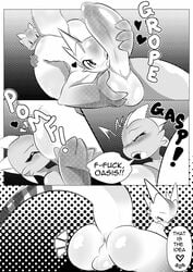 allosaurid allosaurus anus ass balls big_balls big_penis comic dinosaur dracorex eraxa_(character) facesitting girly male manga oasis_(character) penis presenting presenting_hindquarters reptile scalie screen_tones taboo_tails_(copyright) text theropod white_crest yaoi