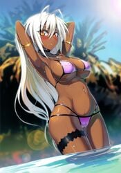 armband armpits arms_behind_head arms_up bell bikini blush breasts dark-skinned_female dark_elf dark_skin erect_nipples female female huge_breasts lens_flare namaniku_atk necklace ookuma_(nitroplus) pointy_ears purple_bikini sansei_muramasa sideboob solo soukou_akki_muramasa thigh_strap thighhighs underboob water white_hair wide_hips