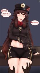 1girls absurd_res bangs black_hands brown_hair edit female genshin_impact grabbing_legs hat hu_tao_(genshin_impact) long_hair looking_at_viewer male male_pov midriff navel orange_eyes shorts smug spanish_dialogue spanish_text spanish_translation spiritof2281 symbol-shaped_pupils text thick_thighs