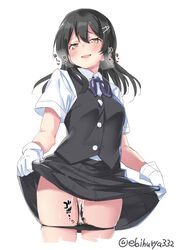 black_hair black_panties black_skirt black_vest blue_neckwear blue_ribbon breasts buttons collared_shirt commentary_request cowboy_shot cropped_legs cum cumdrip ebifurya female gloves gluteal_fold grey_eyes hair_ornament hairclip half-closed_eyes heart heart-shaped_pupils heavy_breathing highres kantai_collection lifted_by_self lips looking_at_viewer miniskirt neck_ribbon open_mouth oyashio_(kantai_collection) panties panty_pull pleated_skirt purple_ribbon ribbon shiny shiny_skin shirt short_sleeves simple_background skirt small_breasts smile symbol-shaped_pupils thighs twitter_username underwear vest white_background white_gloves white_shirt