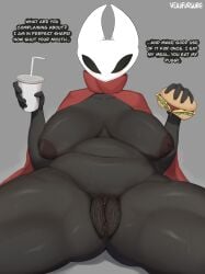2_horns 5_fingers absurd_res areola arthropod beverage big_areola big_breasts black_body bodily_fluids breasts clitoral_hood clitoris clothing female fingers food genitals hair hairy_vulva hi_res holding_beverage holding_food holding_object horn inner_labia looking_at_viewer navel red_clothing simple_background slightly_chubby solo sweat sweatdrop text vexyfursure vulva