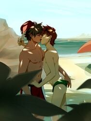 2boys abs ass bangs beach beach_towel beach_umbrella blue_oak brown_hair bulge cap closed_eyes french_kissing gay hat human kissing making_out male male_only muscular_male nipples outdoors pale-skinned_male pecs plants pokemon pokemon_sm poruto pulling_down_bottomwear red_(pokemon) seaside short_hair shorts signature source_request speedo sunglasses swimming_trunks swimwear_only tan-skinned_male topless twink undressing_another yaoi