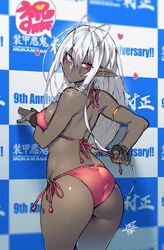 antennae armwear artist_name artist_signature ass back back_turned back_view bikini breasts dark-skinned_female dark_elf dark_skin elf fingerless_gloves looking_at_viewer looking_back namaniku_atk red_bikini sansei_muramasa soukou_akki_muramasa white_hair