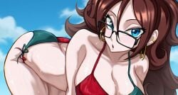 1girls android_21 android_21_(human) ass_in_air big_breasts bikini blue_eyes brown_hair busty cleavage dragon_ball dragon_ball_fighterz earrings glasses light-skinned_female light_skin on_all_fours swimsuit takundraws
