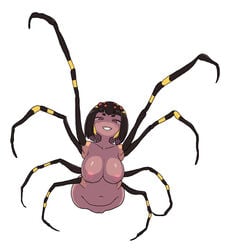 amputee areolae black_hair breasts dark-skinned_female dark_skin female grin insect_girl large_areolae large_breasts monster_girl multi_eye nude original pussy quadruple_amputee simple_background smile solo spider_girl white_background yoshino_norihito