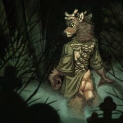 anthro antlers ass bottomless bottomless_anthro bottomless_male cemetery cervine clothed clothing deer elk fog forest hi_res horn looking_back male mammal mo_(momamo) momamo night outside oversized_clothing oversized_shirt oversized_t-shirt oversized_topwear partially_clothed plant shirt skeleton_clothing solo t-shirt tombstone topwear tree