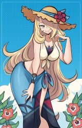big_hips blonde_hair cleavage cynthia_(pokemon) hourglass_figure huge_breasts long_hair missandydandy pokemon skirt sunhat