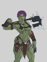 abs axe bodypaint breasts cleavage dagger female green_eyes green_skin large_breasts monster_girl muscles muscular_female navel orc orc_female pointy_ears purple_hair solo tusks wahafagart weapon