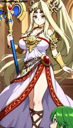 2girls aegis_elysium ai ai-generated ai_art ai_generated blonde_hair body_swap breasts cleavage dress female female_focus green_hair hair_ornament holding holding_object huge_breasts indoors kid_icarus kid_icarus_uprising large_breasts nintendo object open_mouth palutena palutena_(cosplay) ponytail room shocked shocked_expression solo_focus surprised surprised_expression thick_breasts thick_thighs thighhighs thighs transformation transformed upper_body viridi watermark
