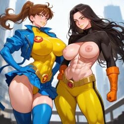 1girls ai_generated black_hair black_topwear blue_jacket breasts breasts_out brown_hair crop_top emblem erect_nipples female huge_breasts kosine1777 kosineverse large_breasts leotard long_hair long_sleeves momoka_saiharu_(kosine1777) muscular muscular_female nipples ocs orange_gloves original original_characters ponytail pubes pubic_hair pubic_hair_peek public serena_(kosine1777) skin_tight skirt superhero_costume superheroine toned_body toned_female toned_stomach yellow_leotard yellow_pants