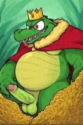 1boy ai ai_generated balls ballsack banana_hoard bananas big_belly cape crocodile crocodilian crown dick donkey_kong_(series) donkey_kong_country erected_penis erection golden_belly green_body green_skin jungle jungle_background k_rool k_rool king kremling male male_focus male_only mario_(series) nintendo penis quinzo11 red_cape red_eyes self_upload sharp_teeth tongue tongue_out