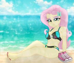 1girls 2025 accurate_art_style aqua_eyes beach bikini bikini_bottom bikini_top black_bikini black_bikini_bottom black_bikini_top black_bra black_panties butterfly_hair_ornament deviantart deviantart_link emeraldblast63 equestria_girls eye_makeup eyeshadow female fluttershy_(eg) fluttershy_(mlp) footwear hair_ornament hasbro human humanized humanized_pony long_hair looking_at_viewer my_little_pony no_ai pink_eyebrows pink_eyeshadow pink_hair pink_shoes red_toenails shoes sitting_on_sand solo summer two-piece_swimsuit water western_cartoon yellow_body