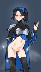 black_hair black_shirt black_thighhighs blue_cape bottomless cape closed_mouth clothes_lift commentary english_commentary female grey_background hand_up highres long_hair navel orange_eyes original pussy scrapy_(greenyscrapy) shirt shirt_lift side_ponytail simple_background smile solo steam sweat thighhighs uncensored