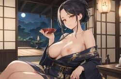 ai_generated alcohol black_hair candlelight cleavage drink golden_eyes half_naked hentai indoors japanese japanese_clothes japanese_female kimono large_breasts milf mira_sawakura_(oc) night nipples nipples_outside no_bra no_panties oc paper_lantern sake seductive seductive_smile sitting smile traditional_clothes