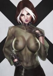 bodysuit bracelet breasts collar covered_navel female fishnets gloves green_eyes large_breasts lips makeup multicolored_hair navel nipples see-through short_hair solo