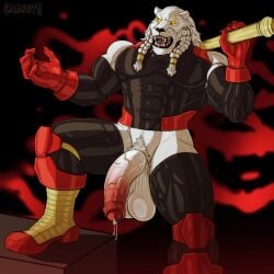 abs alien anthro arm_warmers armor armwear balls barazoku biceps big_balls big_muscles big_pecs big_penis black_clothing black_lips black_nose black_sclera bodily_fluids bodysuit bottomless bottomless_anthro bottomless_male braided_hair claws clothed clothing cum dreadlocks elbow_gloves erection felid feline foreskin fur genital_fluids genitals glans gloves gold_(metal) gold_armor gold_jewelry greeting hair half-erect handwear hi_res holding_object holding_weapon huge_cock humanoid_genitalia humanoid_penis hyper image_comics inside invincible_(image_comics) jewelry kirlanlion leaking_precum lion lips mace male mammal melee_weapon muscular muscular_anthro muscular_male muscular_thighs nipples nude pantherine partially_retracted_foreskin pecs penis pink_glans precum red_clothing red_eyes saggy_balls saliva sash skinsuit skintight_suit solo suit text thick_thighs thokk_(invincible) tight_clothing triceps weapon whiskers white_balls white_body