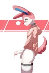 anthro balls bodily_fluids bottomless choker clothed clothing eeveelution erection femboy feminine_pose fishnet_clothing generation_6_pokemon genital_fluids genitals glace_popsicle hi_res jewelry male necklace nintendo penis pokemon pokemon_(species) precum shy solo sylveon