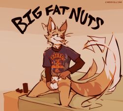 anthro balls big_balls blep bottomless bottomless_anthro bottomless_male brown_body brown_fur canid canine canis cantio_(lawyerdog) clothed clothing coyote english_text flaccid fur genitals hand_on_balls hand_on_own_balls kneeling lawyerdog male male_anthro mammal multicolored_body multicolored_fur penis shirt solo t-shirt tan_body tan_fur text tongue tongue_out topwear white_balls white_body white_fur