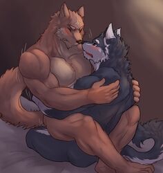 2014 2boys anal anal_sex anthro bed biceps big_muscles black_nose blue_eyes blue_fur blush brown_fur canine chest_tuft clenched_teeth closed_eyes duo fur gay hi_res himitsuri_no_lagoon hug husky istani kuugo_(character) lagoon_lounge male male_only male_penetrating mammal mastery_position muscular nude open_mouth pecs penetration romantic_couple scar sex sitting straddling sweat teeth tongue tuft white_fur wolf yaoi yuujirou_(character)