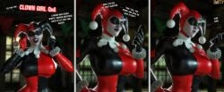 3d 3d_(artwork) batman_(series) bodysuit breasts comedy english_text female harley_quinn harley_quinn_(classic) huge_breasts humor makeup phone smile smitty34 solo tight_bodysuit
