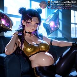 ai_generated arm_strap armband big_belly black_choker black_gloves black_leggings black_pants blush bracelet braid breasts choker cleavage closed_mouth collarbone couch covered_nipples crop_top double_bun earpiece facial_mark female fingerless_gloves forehead_mark gloves hair_bun hand_on_own_knee indoors jewelry k/da_(league_of_legends) kai&#039;sa knee_up large_breasts league_of_legends league_of_legends:_wild_rift lips long_hair looking_at_viewer makeup meitabuu midriff navel on_couch pants pregnant purple_eyes purple_hair riot_games shiny_clothes sitting smile solo sports_bra stomach sunlight sweat taut_clothes tight_clothes tight_pants twin_braids whisker_markings window