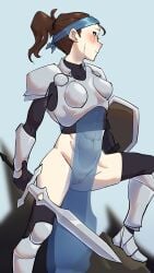 abs armor black_gloves black_thighhighs blue_hairband blue_sky brown_hair closed_mouth commentary female gloves groin hairband highres holding holding_shield holding_sword holding_weapon knee_up muscular muscular_female no_panties original outdoors pelvic_curtain ponytail pussy scar scar_on_face scrapy_(greenyscrapy) see-through_clothes shield sky solo standing sword thighhighs toned toned_female uncensored weapon