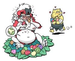 68_(artist) anthro bandage bandage_on_face bandaged_arm bandaged_leg berry blush breasts censored censored_genitalia censored_penis drowzee duo eating eating_food female food fruit generation_1_pokemon generation_7_pokemon heart_symbol injuries lycanroc male midnight_lycanroc nintendo nipples nude penis plant pokemon pokemon_(species) pregnant pregnant_female