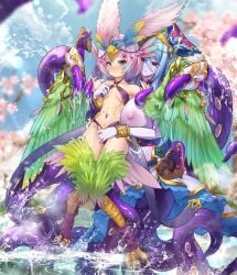 2girls absurdres animal_ears bird_ears bird_legs bird_tail blue_hair blue_pupils blush breasts carol_(clover_theater) clover_theater colored_skin commentary_request consensual_tentacles feathers female green_feathers green_wings hair_ornament harpy headdress highres imola_(clover_theater) jewelry large_breasts long_hair monster_girl multiple_girls navel pink_hair purple_eyes purple_skin red_eyes scylla slime_(substance) small_breasts tail talons tentacle veil_removed water winged_arms wings xiaomu314 yuri