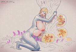 belly belly_bulge body_modification breasts breasts_out corruption creature egg eggs elode expansion female growth huge_breasts metroid modification monster mutation nintendo orionart parasite plant pregnant samus_aran sleeping tentacle tight_clothing wardrobe_malfunction what