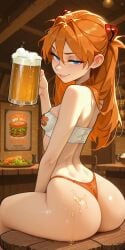 1girls ai_generated ass_focus asuka_langley_sohryu bandeau beer blue_eyes food highleg_panties holding_object hooters hooters_uniform horny long_hair looking_at_viewer neon_genesis_evangelion orange_hair perfect_body restaurant sexy sitting_on_table skinny small_ass small_breasts smile smug solo suggestive thong tubetop viewed_from_behind