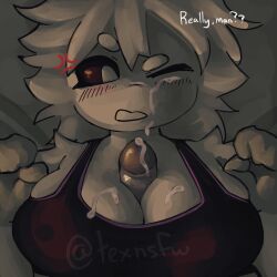 anthro blush bodily_fluids bra breast_play breasts cleavage clothed clothing cum cum_on_breasts cum_on_face duo ejaculation erect_nipples female fur genital_fluids grey_body grey_fur lagomorph male male/female mammal nipples one_eye_closed sex socks_(texticks) solo_focus sports_bra texticks titfuck_under_clothes titjob underwear upset white_body white_fur