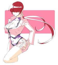 big_breasts border breasts cleavage cleavage_cutout clothing_cutout commentary cowboy_shot cropped_jacket cropped_legs female hair_over_eyes hair_tubes hand_on_own_ass highres jacket king_of_fighters koma_0235 large_breasts leotard light_skin long_sleeves low_ponytail open_mouth pink_background pink_jacket pink_shorts ponytail purple_leotard red_eyes shermie_(kof) short_hair_with_long_locks shorts smile snk solo the_king_of_fighters turtleneck turtleneck_leotard white_border