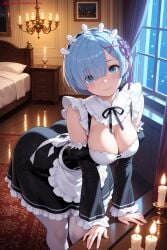 1girl ai_generated bangs blue_eyes blue_hair blush breasts candle cleavage detached_sleeves dress fire frills hair_ornament hair_over_one_eye hair_ribbon hi_res high_quality high_resolution indoors kiraamane large_breasts looking_at_viewer maid pantyhose patreon pink_ribbon re:zero rem_(re:zero) ribbon roswaal_mansion_maid_uniform seductive sexy short_hair smile solo uncensored watermark white_legwear x_hair_ornament